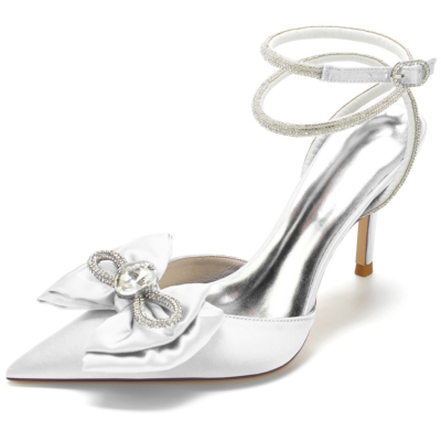 Ivory Rhinestone Embellishments Ankle Strap Heels Bow Satin Slingback Shoes