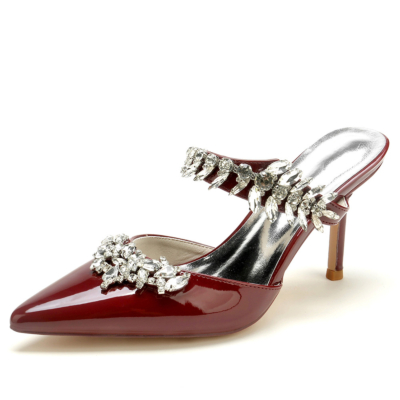 Burgundy Rhinestone Embellishments Wedding Mules Shoes Slip On Stiletto Heels for Bridal