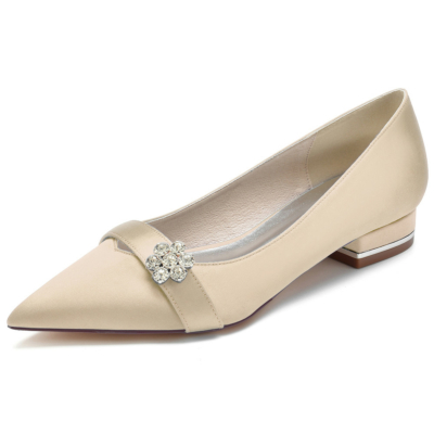 Champagne Rhinestone Flower Strap Front Pointied Toe Satin Flats Shoes