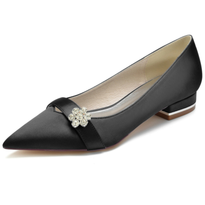 Black Rhinestone Flower Strap Front Pointied Toe Satin Flats Shoes