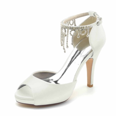 Ivory Rhinestone Fringe Peep Toe D'Orsay Wedding Heels Satin Stiletto Heels