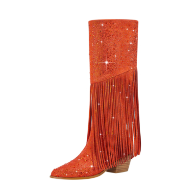 Orange Rhinestone Fringe Pointed Toe Knee High Cowboy Boots