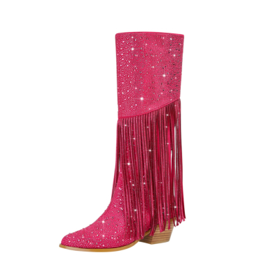 Pink Rhinestone Fringe Pointed Toe Knee High Cowboy Boots