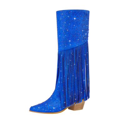 Blue Rhinestone Fringe Pointed Toe Knee High Cowboy Boots