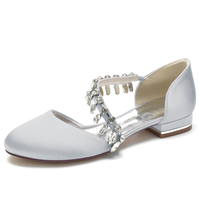 Silver Rhinestone Fringe Round Toe Satin Flat Wedding Shoes