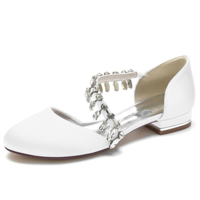 White Rhinestone Fringe Round Toe Satin Flat Wedding Shoes