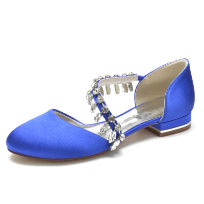 Royal Blue Rhinestone Fringe Round Toe Satin Flat Wedding Shoes