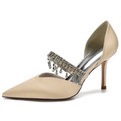 Champange Rhinestone Fringe Stiletto Heel D'orsay Pumps Mary Jane Wedding Shoes