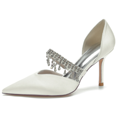 Ivory Rhinestone Fringe Stiletto Heel D'orsay Pumps Mary Jane Wedding Shoes