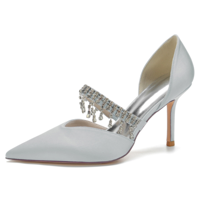 Silver Rhinestone Fringe Stiletto Heel D'orsay Pumps Mary Jane Wedding Shoes