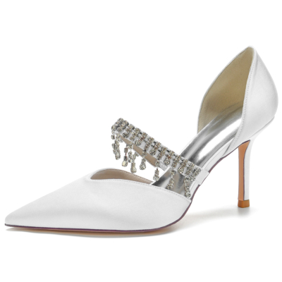 White Rhinestone Fringe Stiletto Heel D'orsay Pumps Mary Jane Wedding Shoes