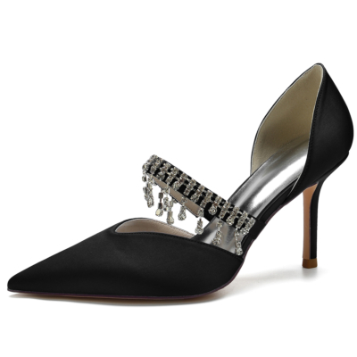 Black Rhinestone Fringe Stiletto Heel D'orsay Pumps Mary Jane Shoes