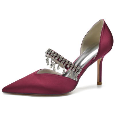 Burgundy Rhinestone Fringe Stiletto Heel D'orsay Pumps Mary Jane Wedding Shoes