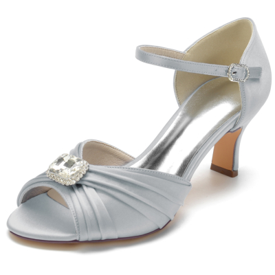 Silver Rhinestone Low Heel Ankle Starp Satin Party Sandals