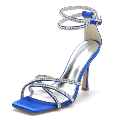 Prom Sandals Royal Blue Rhinestone Sandals Women's Satin Stiletto