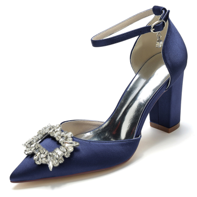Navy Rhinestone Pointed Toe Chunky Heel Ankle Strap Pumps Satin Wedding Shoes