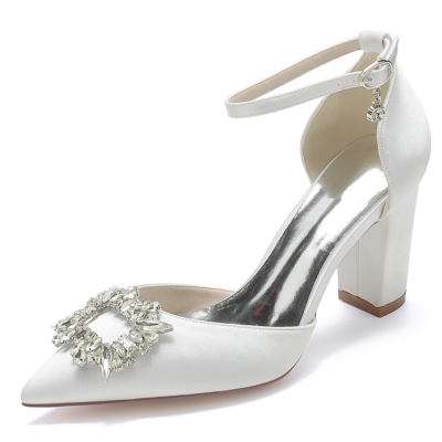 White Rhinestone Pointed Toe Chunky Heel Ankle Strap Pumps Satin Wedding Shoes