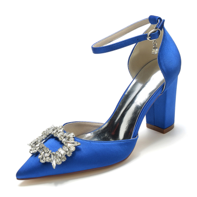 Royal Blue Rhinestone Pointed Toe Chunky Heel Ankle Strap Pumps Satin Wedding Shoes