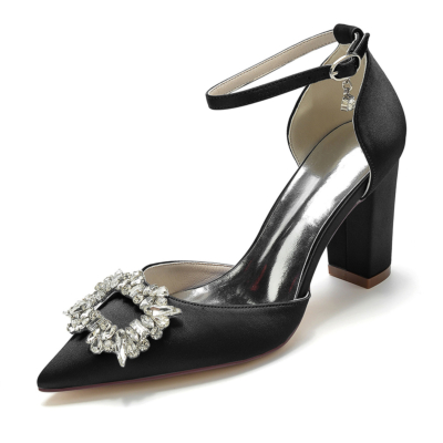 Black Rhinestone Pointed Toe Chunky Heel Ankle Strap Pumps Satin Wedding Shoes