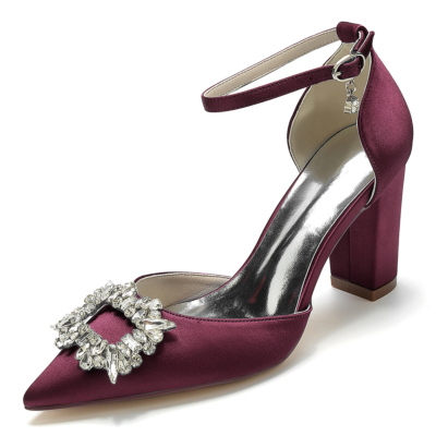 Burgundy Rhinestone Pointed Toe Chunky Heel Ankle Strap Pumps Satin Wedding Shoes