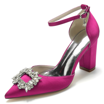 Magenta Rhinestone Pointed Toe Chunky Heel Ankle Strap Pumps Satin Wedding Shoes