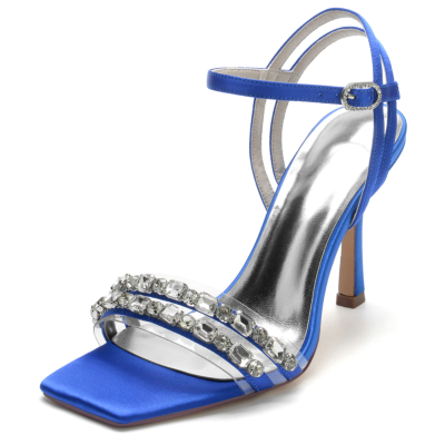 Royal Blue Rhinestone Satin Ankle Strap Stiletto Heel Sandals