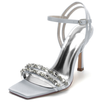 Silver Rhinestone Satin Ankle Strap Stiletto Heel Sandals