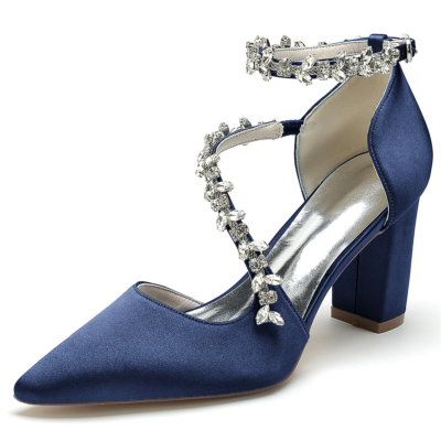Navy Rhinestone Satin Pointed Toe Chunky Ankle Strap Heel Pumps