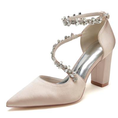 Champagne Rhinestone Satin Pointed Toe Chunky Ankle Strap Heel Pumps