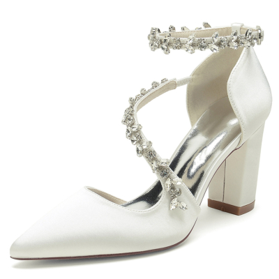 White Rhinestone Satin Pointed Toe Chunky Ankle Strap Heel Pumps