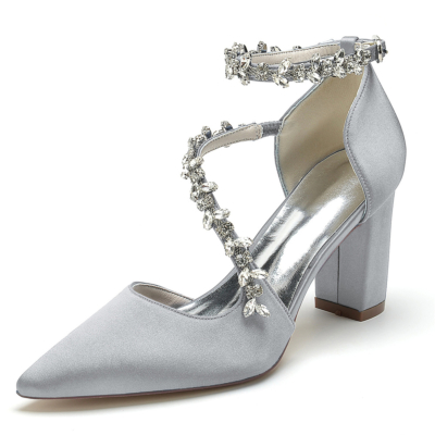 Silver Rhinestone Satin Pointed Toe Chunky Ankle Strap Heel Pumps