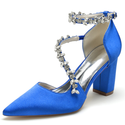 Royal Blue Rhinestone Satin Pointed Toe Chunky Ankle Strap Heel Pumps