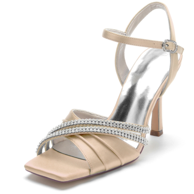 Champange Rhinestone Stain Ruffle Open Toe Stiletto Ankle Strap Sandals for Wedding