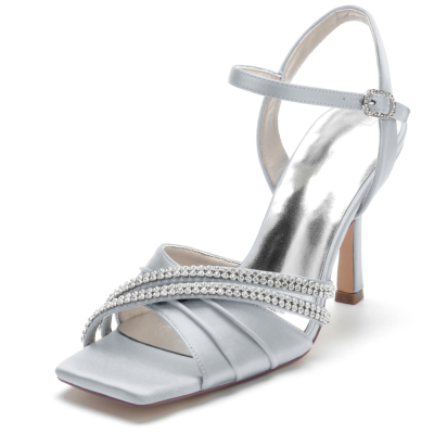 Silver Rhinestone Stain Ruffle Open Toe Stiletto Ankle Strap Sandals for Wedding