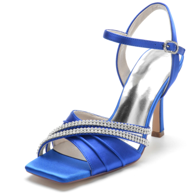Royal Blue Rhinestone Stain Ruffle Open Toe Stiletto Ankle Strap Sandals for Wedding