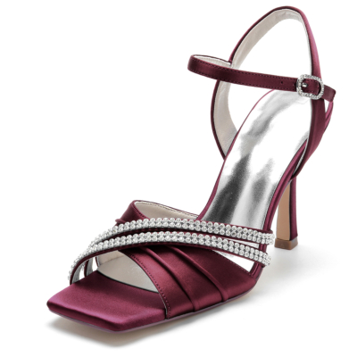 Burgundy Rhinestone Stain Ruffle Open Toe Stiletto Ankle Strap Sandals for Wedding
