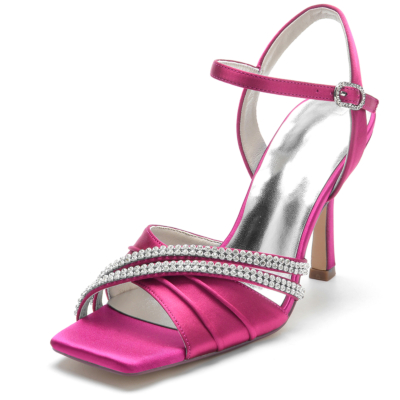 Magenta Rhinestone Stain Ruffle Open Toe Stiletto Ankle Strap Sandals for Wedding