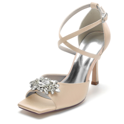 Champange Rhinestone Stiletto Heel Cross Strap Satin Wedding Sandals