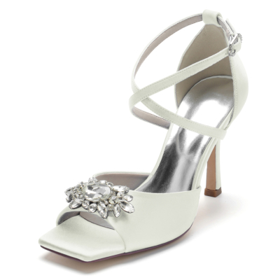 White Satin Rhinestone Stilettos Cross Strap Wedding Sandals