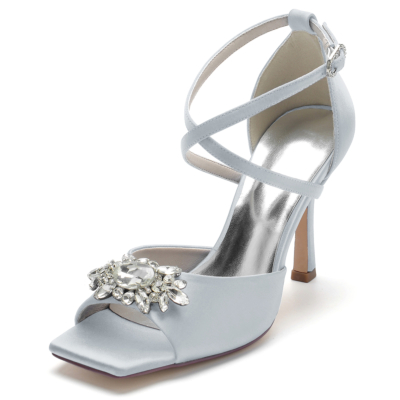 Silver Rhinestone Stiletto Heel Cross Strap Satin Wedding Sandals