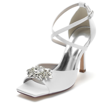 White Rhinestone Stiletto Heel Cross Strap Satin Wedding Sandals