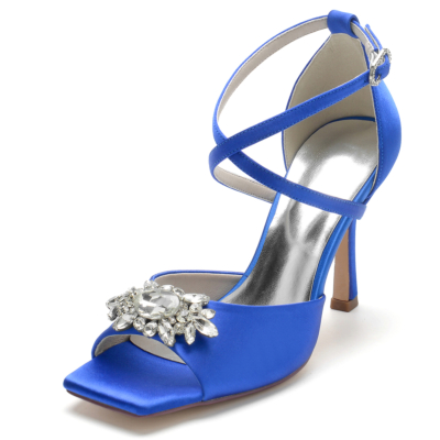Royal Blue Rhinestone Stiletto Heel Cross Strap Satin Wedding Sandals