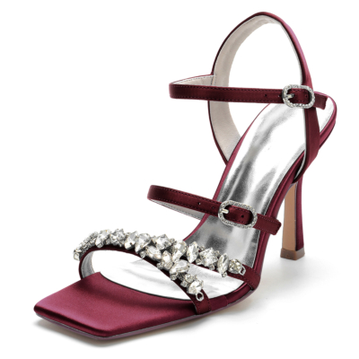 Burgundy Rhinestone Strap Satin Stiletto Heel Wedding Sandals