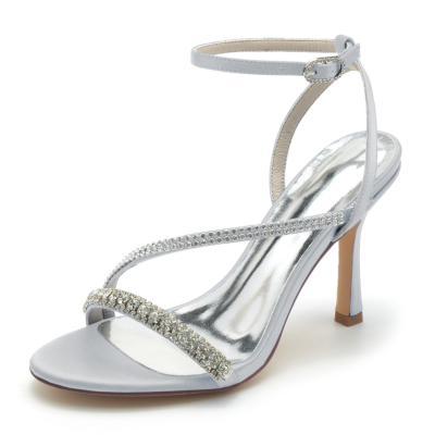 Silver Rhinestone Strap Stiletto Heel Ankle Strap Sandals Satin Party Shoes