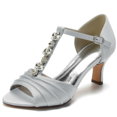 Grey Rhinestone T-Strap Peep Toe Sandals Bridal D'orsay Middle Heels