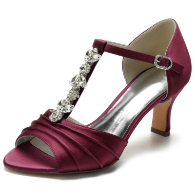 Burgundy Rhinestone T-Strap Peep Toe Sandals Bridal D'orsay Middle Heels