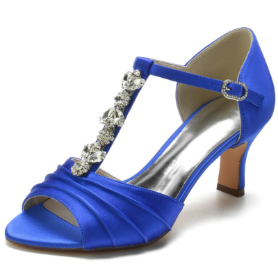 Royal Blue Rhinestone T-Strap Peep Toe Sandals Bridal D'orsay Middle Heels