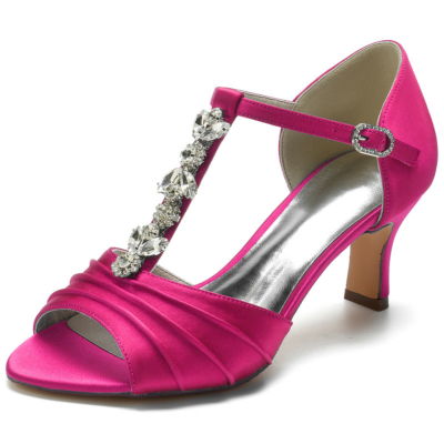Magenta Rhinestone T-Strap Peep Toe Sandals Bridal D'orsay Middle Heels