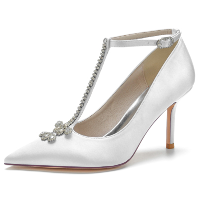 White Rhinestone T Strap Heel Pointed Toe Stiletto Heel Pumps Wedding Shoes