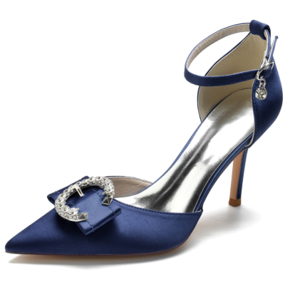 Navy Rhinestones Circle Buckle Satin Heels Ankle Strap D'orsay Shoes